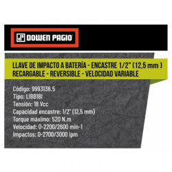 Llave Impacto Bateria Brushless Encastre 1/2" 18v Dowen Pagio