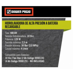 Hidrolavadora Alta Presion A Bateria Dowen Pagio 30 Bar 18V Solo Cuerpo