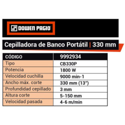 Cepilladora De Banco 1800w 330 MM Dowen Pagio