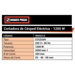 Cortacésped Eléctrico C/Bolsa 1200W Dowen Pagio