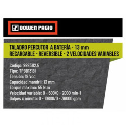 Taladro Atronillador Percutor A Bateria 13mm Dowen Pagio